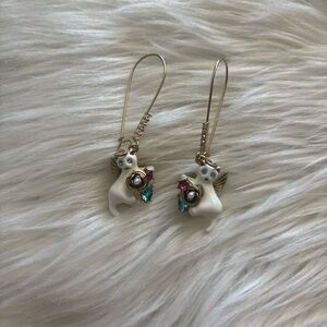 Betsey Johnson White Cat Dangle Earrings with Blue and Pink Accents